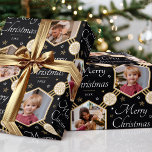 Merry Christmas Snowflake Photo Black Gold Wrapping Paper<br><div class="desc">Make your Christmas gifts extra special with this stylish photo wrapping paper. An editable template personalized with the year date and four photographs of your family, friends or pets! This seamless hexagon pattern features script lettering, snowflakes and stars in an elegant colour palette of black, white and faux gold. Custom...</div>