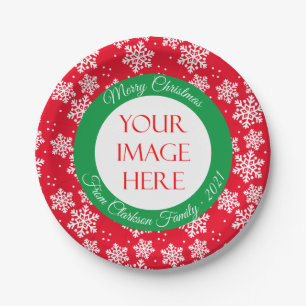 Merry Christmas Snowflake Photo Red Paper Plate