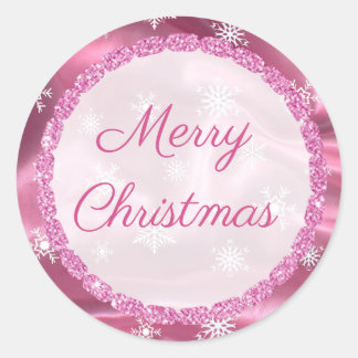 Merry Christmas Snowflake Pink Satin Stickers