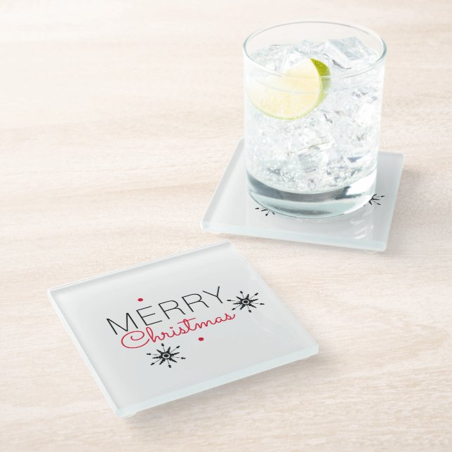 Merry Christmas Snowflake Red and Black Glass Coaster (Angled)