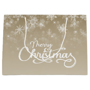 Merry Christmas Snowflakes Beige Holiday Large Gift Bag