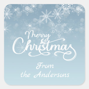 Merry Christmas Snowflakes Blue Greeting Holiday Square Sticker