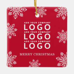 Merry Christmas Snowflakes Business Logo Red Ceramic Ornament