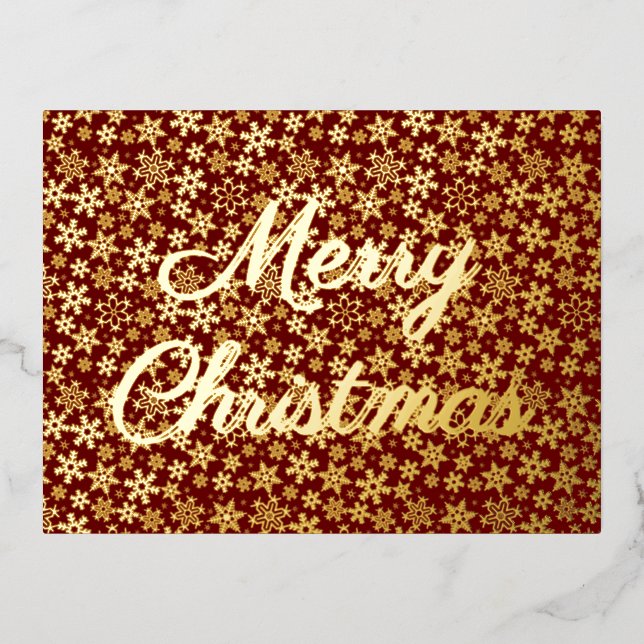 Merry Christmas snowflakes elegant script burgundy Foil Holiday Postcard (Front)