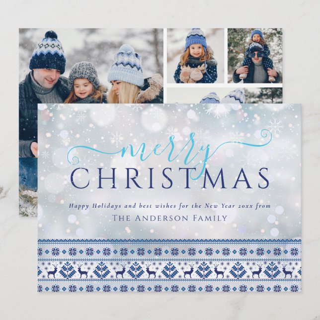 Merry Christmas Snowflakes Folk Pattern 4 Photo Holiday Card (Front/Back)