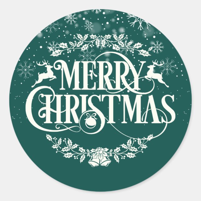 Merry Christmas Snowflakes Green Classic Round Sticker (Front)