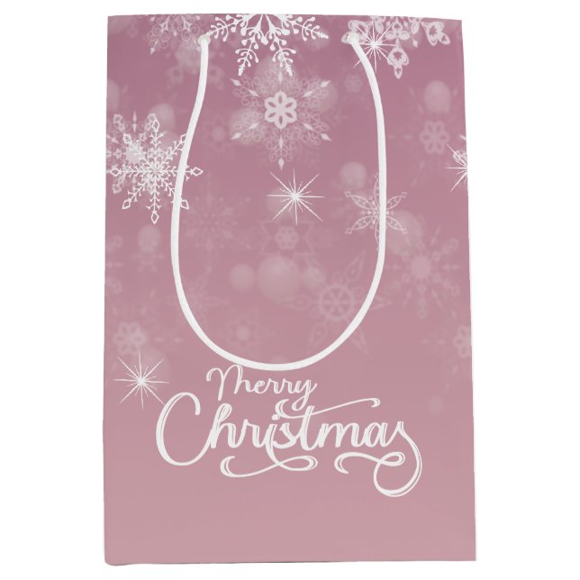 Merry Christmas Snowflakes Pink Holiday Medium Gift Bag (Front)