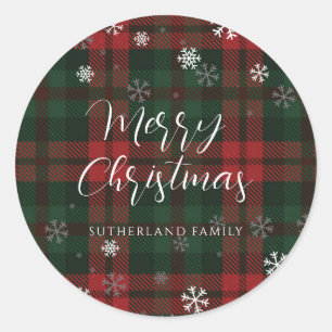 Merry Christmas Snowflakes Plaid Script Custom Classic Round Sticker