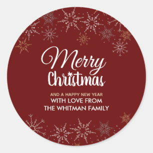 Merry Christmas Snowflakes Red Classic Round Sticker