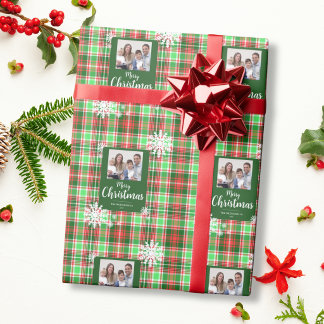 Merry Christmas Snowflakes Red Green Plaid Photo Wrapping Paper