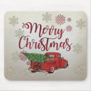 Merry Christmas,Snowflakes,Red Truck Pine Tree Mouse Pad