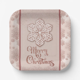 Merry Christmas Snowflakes Rose Gold Glitter Pink Paper Plate