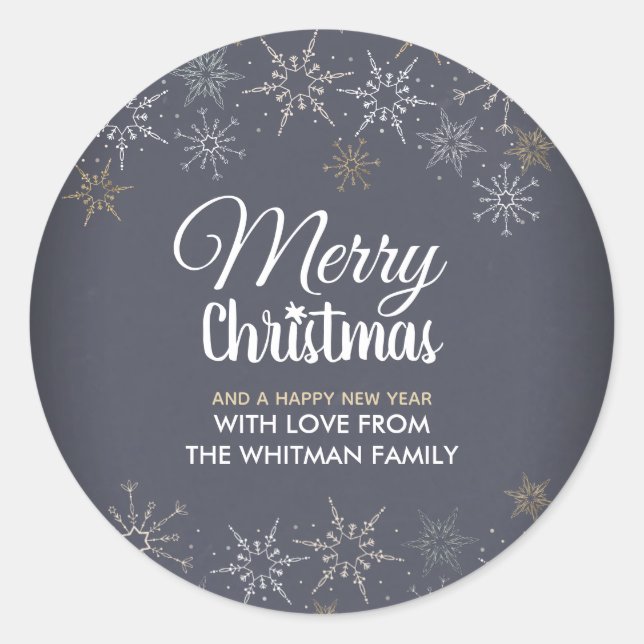 Merry Christmas Snowflakes Slate Grey Charcoal Classic Round Sticker (Front)