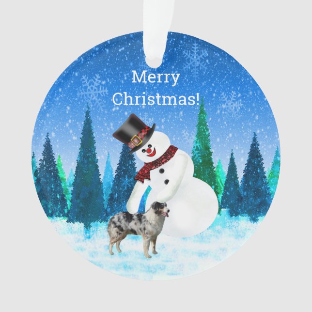 Merry Christmas Snowman and Australian Shepherd Ornament (Front)