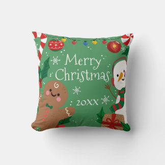 Merry Christmas Snowman and Gingerbread Man Throw Pillow