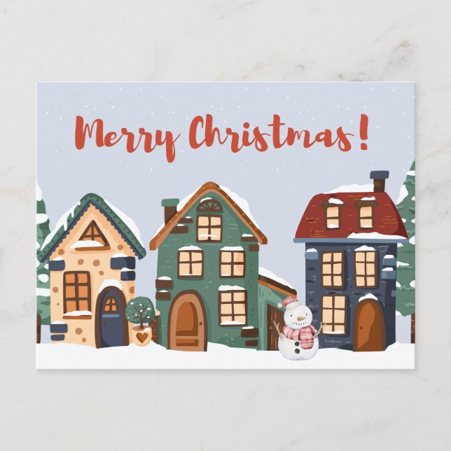 Merry Christmas Snowman and Houses  Postcard (Front)
