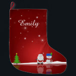 Merry Christmas Snowman and Santa Large Christmas Stocking<br><div class="desc">A cute Christmas illustration featuring a snowman,  Santa Claus,  a Christmas tree,  snow and stars on a red background.</div>