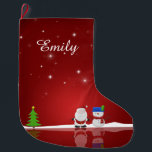 Merry Christmas Snowman and Santa Large Christmas Stocking<br><div class="desc">A cute Christmas illustration featuring a snowman, Santa Claus, a Christmas tree, snow and stars on a red background.</div>