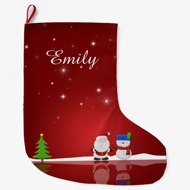 Merry Christmas Snowman and Santa Large Christmas Stocking (Front)