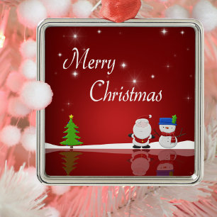 Merry Christmas Snowman and Santa Metal Ornament
