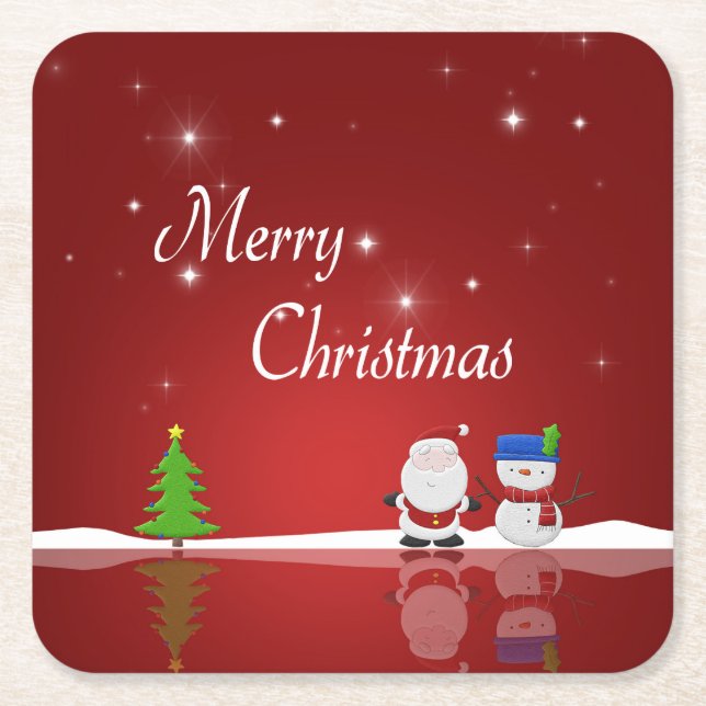 Merry Christmas Snowman and Santa Square Paper Coaster (Front)