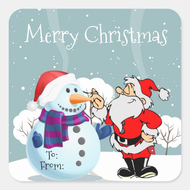 Merry Christmas Snowman and Santa Square Sticker (Front)