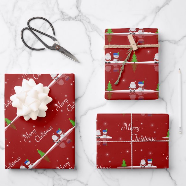 Merry Christmas Snowman and Santa Wrapping Paper Sheet (Front)