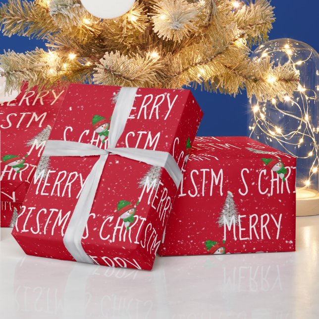 Merry Christmas Snowman and Tree in Snowflakes Wrapping Paper (Holidays)