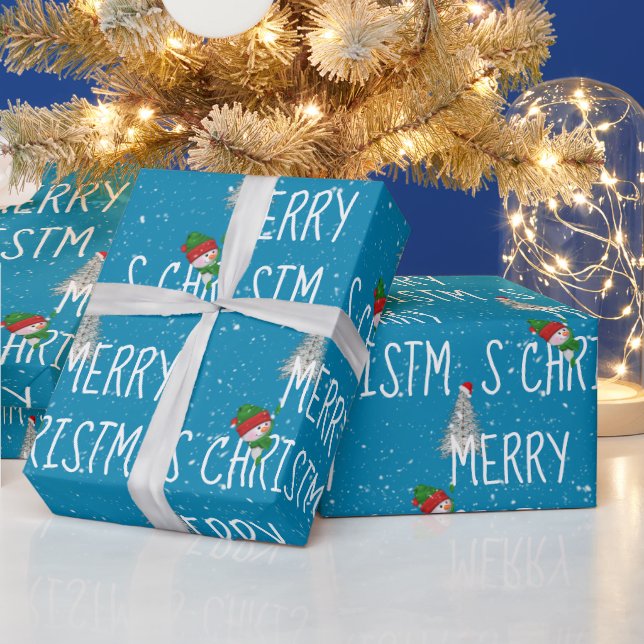 Merry Christmas Snowman and Tree in Snowflakes Wrapping Paper (Holidays)