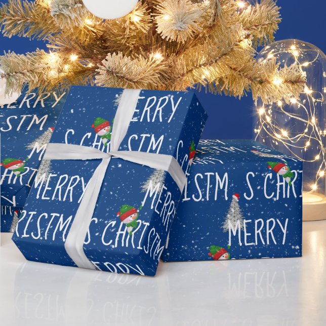 Merry Christmas Snowman and Tree in Snowflakes   Wrapping Paper (Holidays)