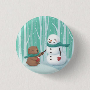 Merry Christmas: Snowman & Bear Illustration Art 1 Inch Round Button