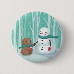 Merry Christmas: Snowman & Bear Illustration Art 2 Inch Round Button