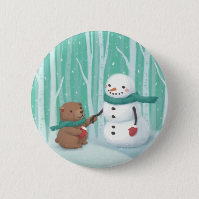 Merry Christmas: Snowman & Bear Illustration Art 2 Inch Round Button (Front)