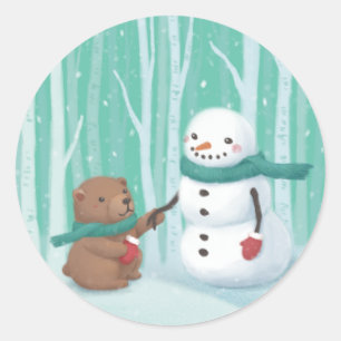 Merry Christmas: Snowman & Bear Illustration Art Classic Round Sticker