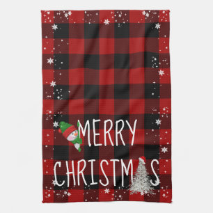 Merry Christmas Snowman Buffalo Plaid Kitchen Towel