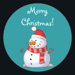 Merry Christmas Snowman Classic Round Sticker<br><div class="desc">A cute Christmas snowman who is kind of chubby and jolly wearing  a striped scarf and a red christmas hat. Festive and fun.</div>