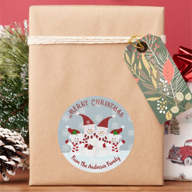 Merry Christmas Snowman Custom Classic Round Sticker (Holiday)