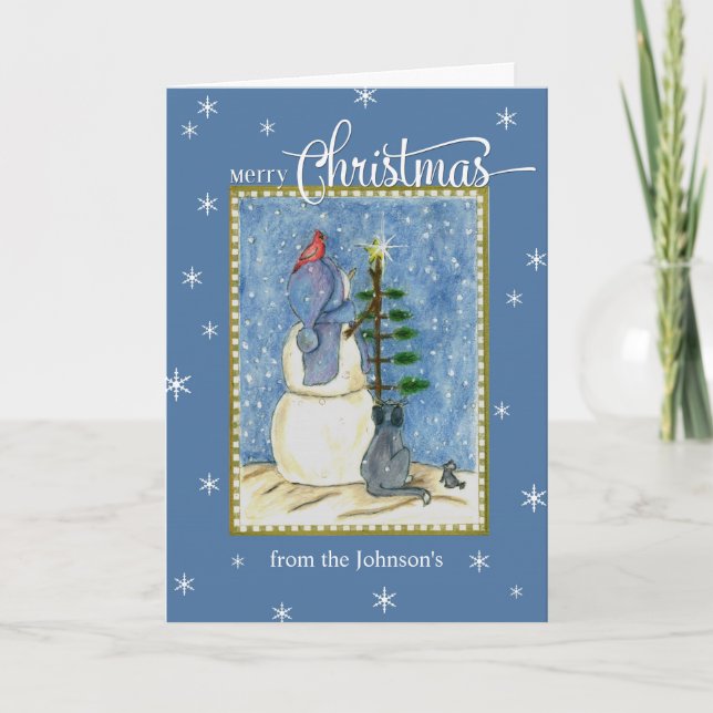 Merry Christmas Snowman custom name Holiday Card (Front)