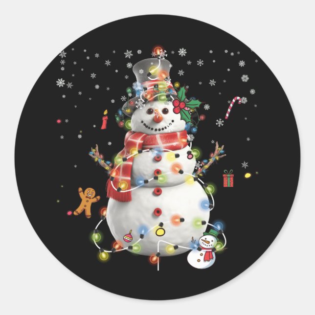 Merry Christmas Snowman Decor Xmas Lights Surround Classic Round Sticker (Front)
