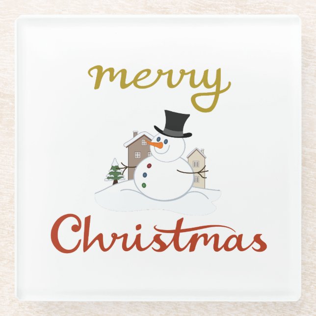 Merry Christmas+Snowman Design Glass Coaster (Front)