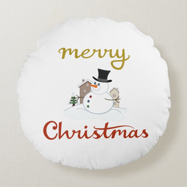 Merry Christmas+Snowman Design Round Pillow (Front)