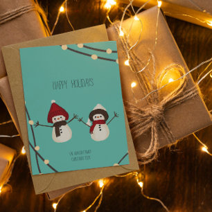 Merry Christmas Snowman Duo– Winter Lights on Teal Holiday Card