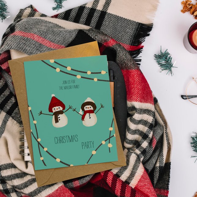 Merry Christmas Snowman Duo– Winter Lights on Teal Invitation (Creator Uploaded)