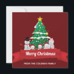 Merry Christmas Snowman Family Cute Custom Holiday Card<br><div class="desc">This cute Christmas card features an adorable snowman family drawing in front of a beautiful Christmas tree. The festive red banner is customized with your own text and the back can be personalized with your own holiday greeting for Xmas.</div>