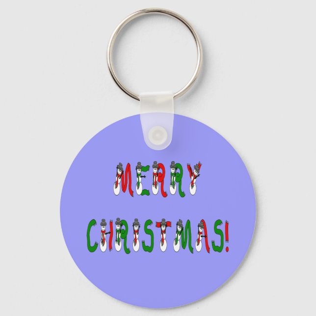 Merry Christmas Snowman Font Typography Green Red Keychain (Front)