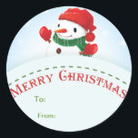 Merry Christmas Snowman Gift tag Sticker<br><div class="desc">Merry Christmas Snowman Gift tag Sticker. Perfect gift tag for the kids gifts this Christmas. Personalise with their names or leave the text field blank if you would prefer no name specified. Design features a jolly snowman with red woollen mittens and hat with a green plaid scarf against a snowy...</div>