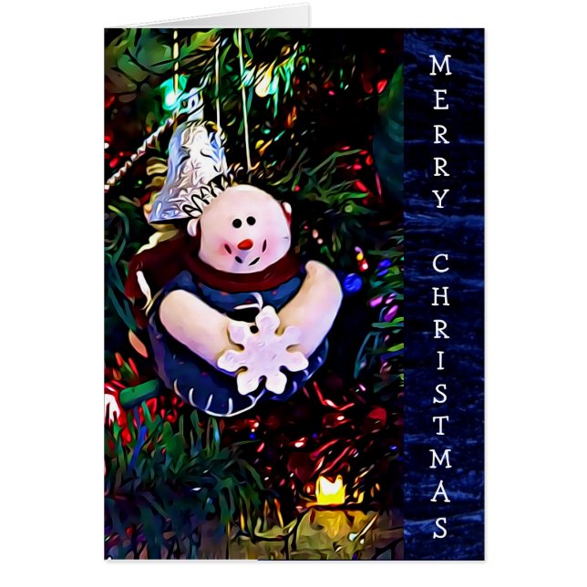 Merry Christmas Snowman Holding Snowflake Card (Front)