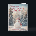 Merry Christmas Snowman  Holiday Card<br><div class="desc">A beautiful festive Holiday Season snowman Christmas card  comprising of a winter snowy scene with a smiling snowman wearing a heat hat and scarf surround by snow covered fir trees All text can be customized ,  then personalize with name (s) and inside message</div>