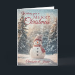 Merry Christmas Snowman  Holiday Card<br><div class="desc">A beautiful festive Holiday Season snowman Christmas card  comprising of a winter snowy scene with a smiling snowman wearing a heat hat and scarf surround by snow covered fir trees All text can be customized ,  then personalize with name (s) and inside message</div>