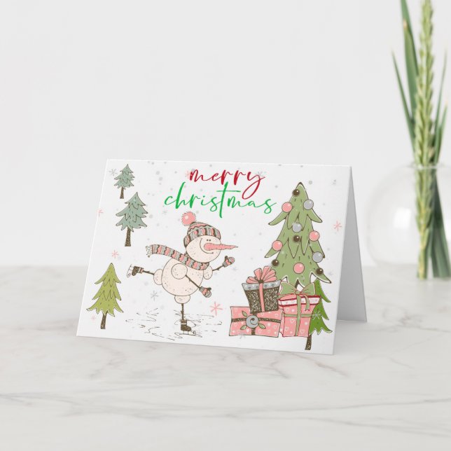 Merry Christmas Snowman Illustration Greeting Card (Front)